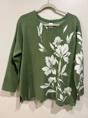 Joie Green Floral Knit Sweater White Botanical Print Relaxed Fit L/XL